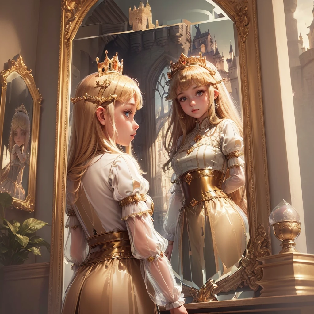 (Princess:1.6),(I can see the castle reflected in the mirror:1.6),masterpiece,high quality,(Highly Detailed CG Unity 8k Portrait:1.3),Nice views,8-year-old girl,Medieval dress, Gold embroidery