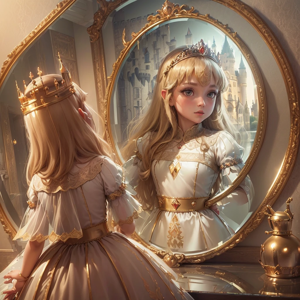 (Princess:1.6),(I can see the castle reflected in the mirror:1.6),masterpiece,high quality,(Highly Detailed CG Unity 8k Portrait:1.3),Nice views,8-year-old girl,Medieval dress, Gold embroidery