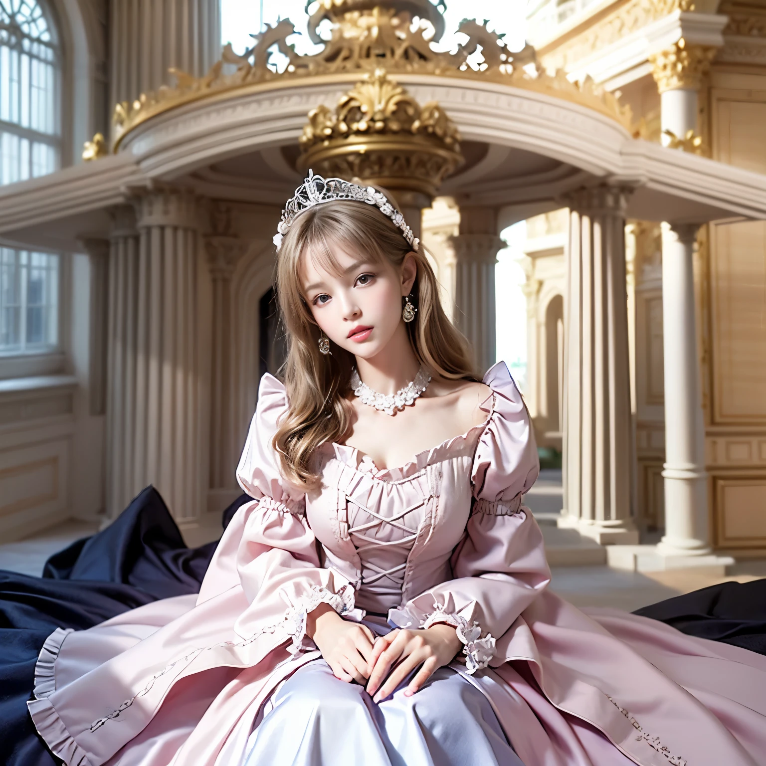 ,best quality, masterpiece, highest resolution, illustration, super それにget used to it, many get used to it, get used to it, それにget used to it, 3K realistic photos,,(( when i was 10 years old)),highly detailed baby face,she is a princess,Full length ball gown dress with hoop skirt,Ruffled yoke collar,puff sleeves,long sleeves,((Lolita style hot pink detail princess satin dress、It has a lot of frills and ribbons.。)),Gorgeous Rococo Fashion,Shiny satin dress,soft and smooth fabric,Luxury,long blonde hair,blue eyes,white skin european,Pajamas,((Inside the palace)),,,(( when i was 10 years old)),highly detailed baby face,Full length ball gown dress with hoop skirt,long skirt,Ruffled yoke collar,puff sleeves,腰まで伸びるlong blonde hair,blue eyes,white skin european,Pajamas,((Inside the palace bedroom)),ピンクのシルクサテンのLuxuryなCanopy bedの上,Canopy bed,Luxurious curtains under a canopy,There are many frilly pillows on the bed,highly detailed background,detail bed,silk satin bed sheets,soft silk satin comforter,Soft silk satin ruffle pillow in pastel colors,Romantic atmosphere,The little princess is sitting on the bed,boss&#39;boss&#39;Don&#39;t spread your feet to the side,beautiful girl illustration,detailed beautiful face detailed hair,detailed human eye ,detailed mouth, arm details,good hands,detailed pillow,