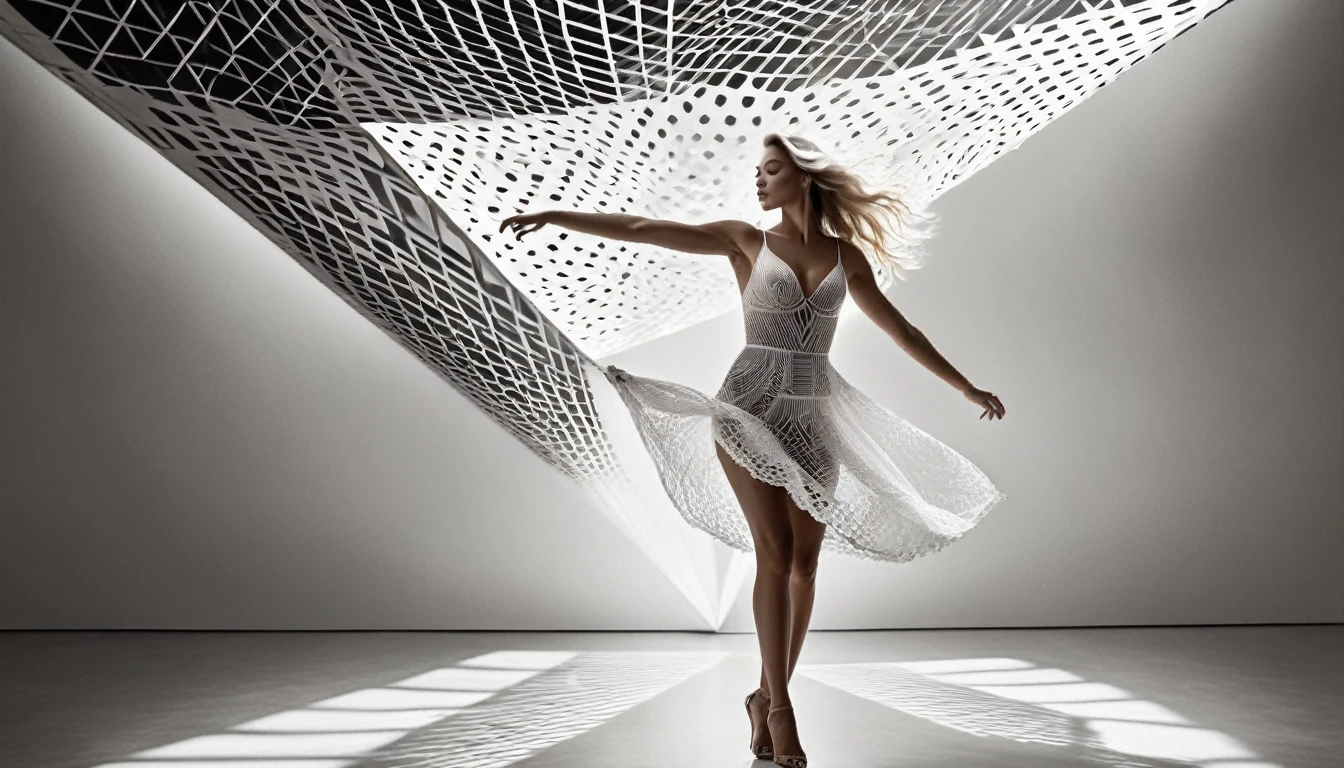 Masterpiece, award-winning photograph, UHD, RAW, (ultra high quality, 8k, intricate details), professional studio photo,(((black and white filter))), full body portrait photo of a beautiful 25 y.o. old european woman dancing before a ((((geometrical art installation inspired by Victor Vasarely)))),wearing a short white silk lace dress, (her body moving in motion), outstrecthed arms, joyfull delighted face, (extra long endless long wavy blonde hair) floating around, skinny fit body, standing in ((various sexy dynamic poses)),perfect curved body, natural tight breasts, nice legs, (real human hands with five fingers), mesmerizing body movements, graceful poses, in the background (geometrical patterns:1.32), (contemporary art), contrasting light and shadows, black and white photography, artistic expression, intense emotions, dramatic compositions, high contrast, best shadow, best quality, monochromatic tones, evocative and sensual, masterful artistry, captivating details, minimalist aesthetic, intense focus on the human form, intricate body positions, subtle lighting, beautifully captured emotions, merging elation and pleasure, (best quality, 4k, highres, masterpiece:1.2), dramatic lighting, phenomenal black and white portraits.