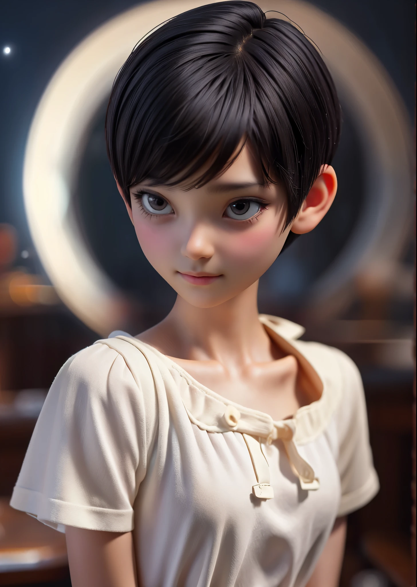 Cute woman、Short pixie cut hair、She and the Stars、View here、Star of the sky、Night Dress、Moonlit Night、moonlight、Perfect lighting、Perfect body、Sharp Focus、High definition、high resolution、High color rendering、High resolution、Ultra-realistic、photo realistic、The perfect human form、Focus on the face