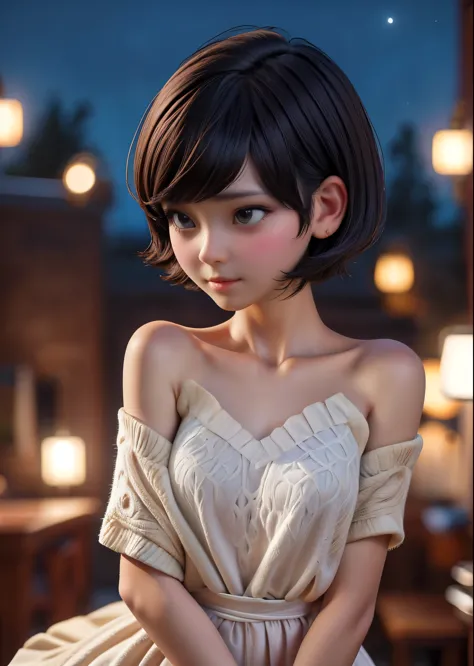 Cute woman、Short pixie cut hair、She and the Stars、View here、Star of the sky、Night Dress、Moonlit Night、moonlight、Perfect lighting...