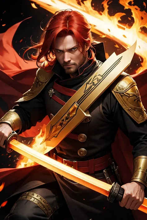 man.40 years old.red hair.yellow eyes.imperial uniform.fire sword