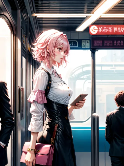 Beautiful tall woman with short pink hair in a train station