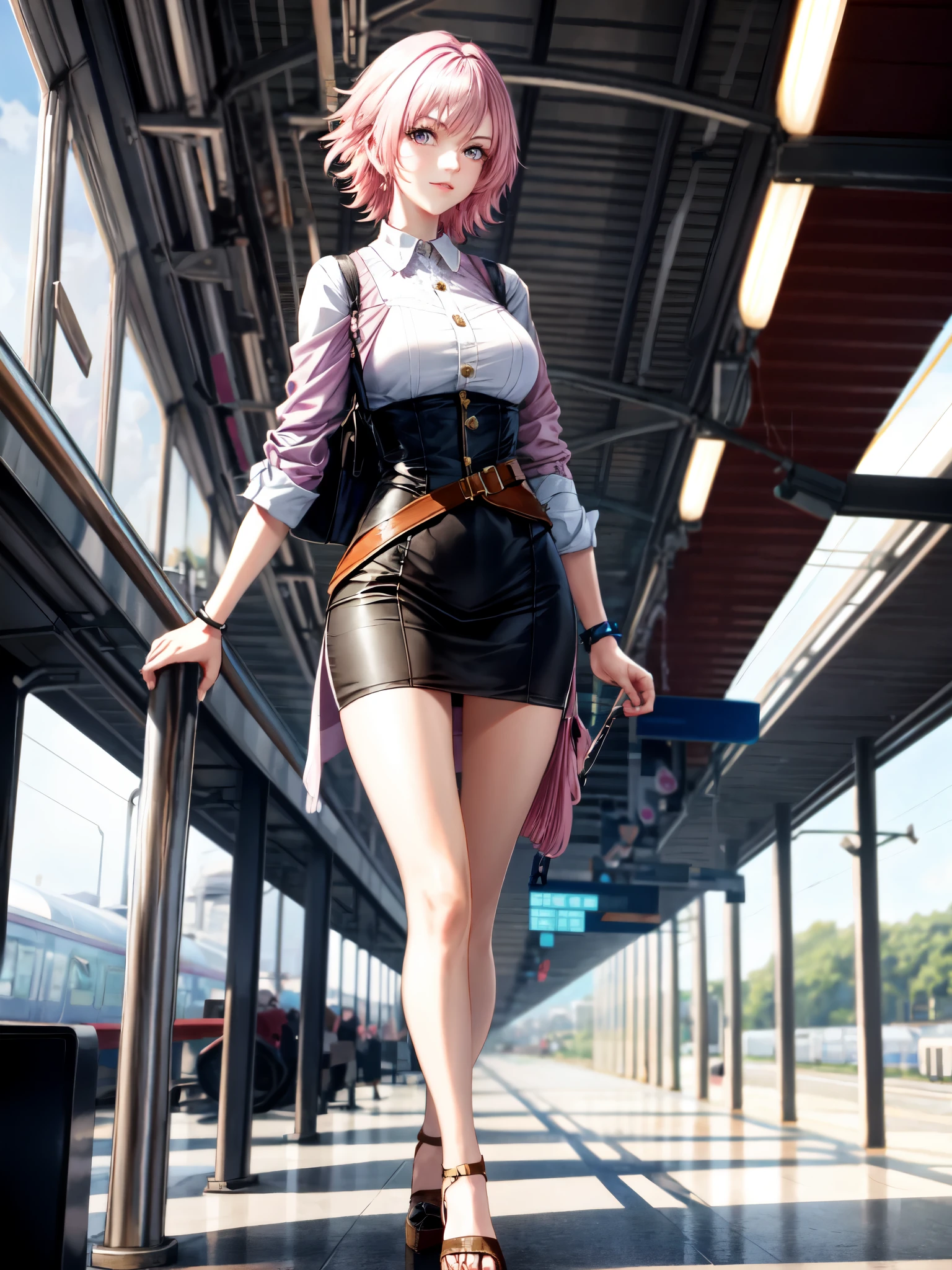หญิงร่างสูงสวยผมสั้นสีชมพูในสถานีรถไฟ