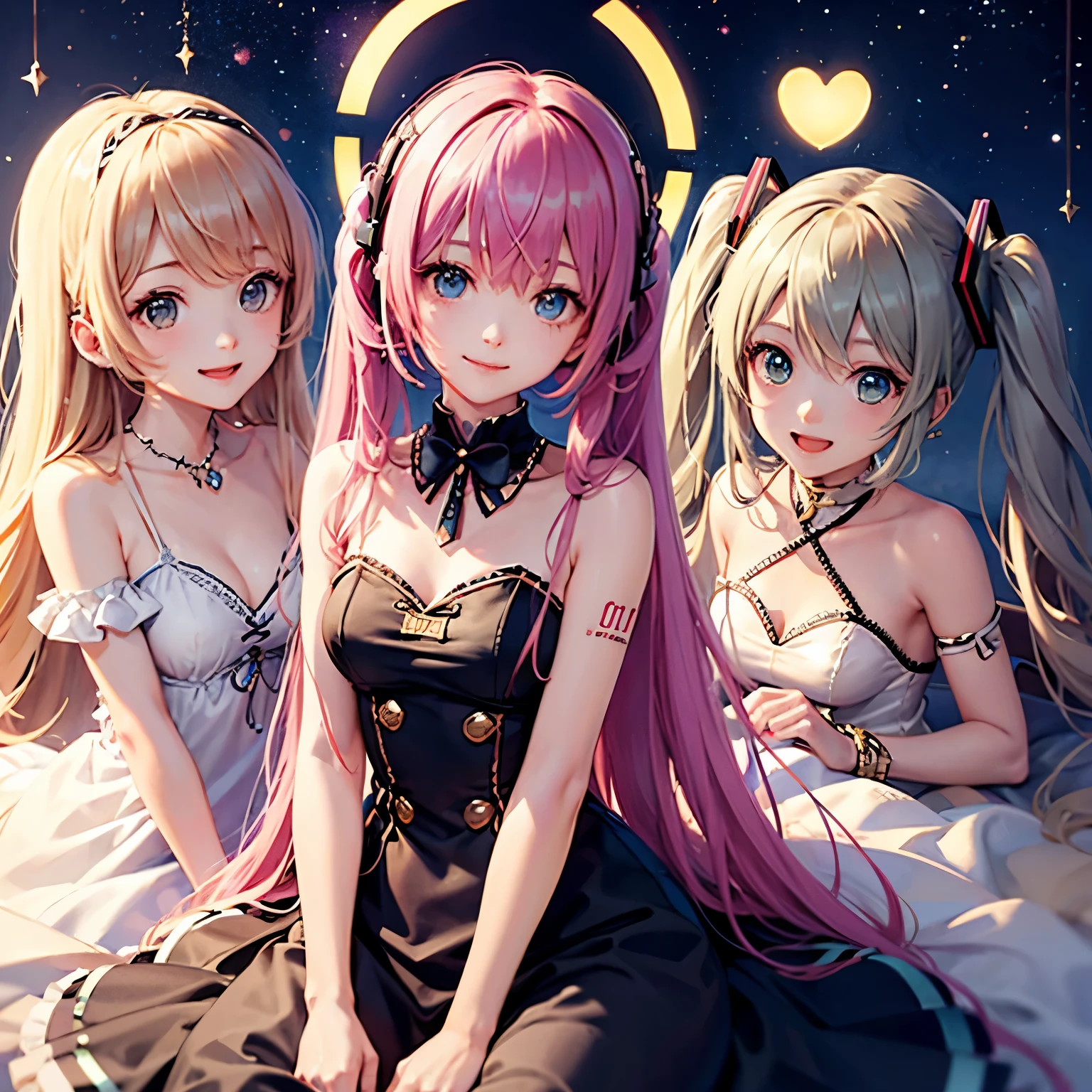 Hatsune Miku、megurine luka、linda sonrisa、esponjoso、、Cuatro chicas、personaje chibi、de la máxima calidad、vestido fino