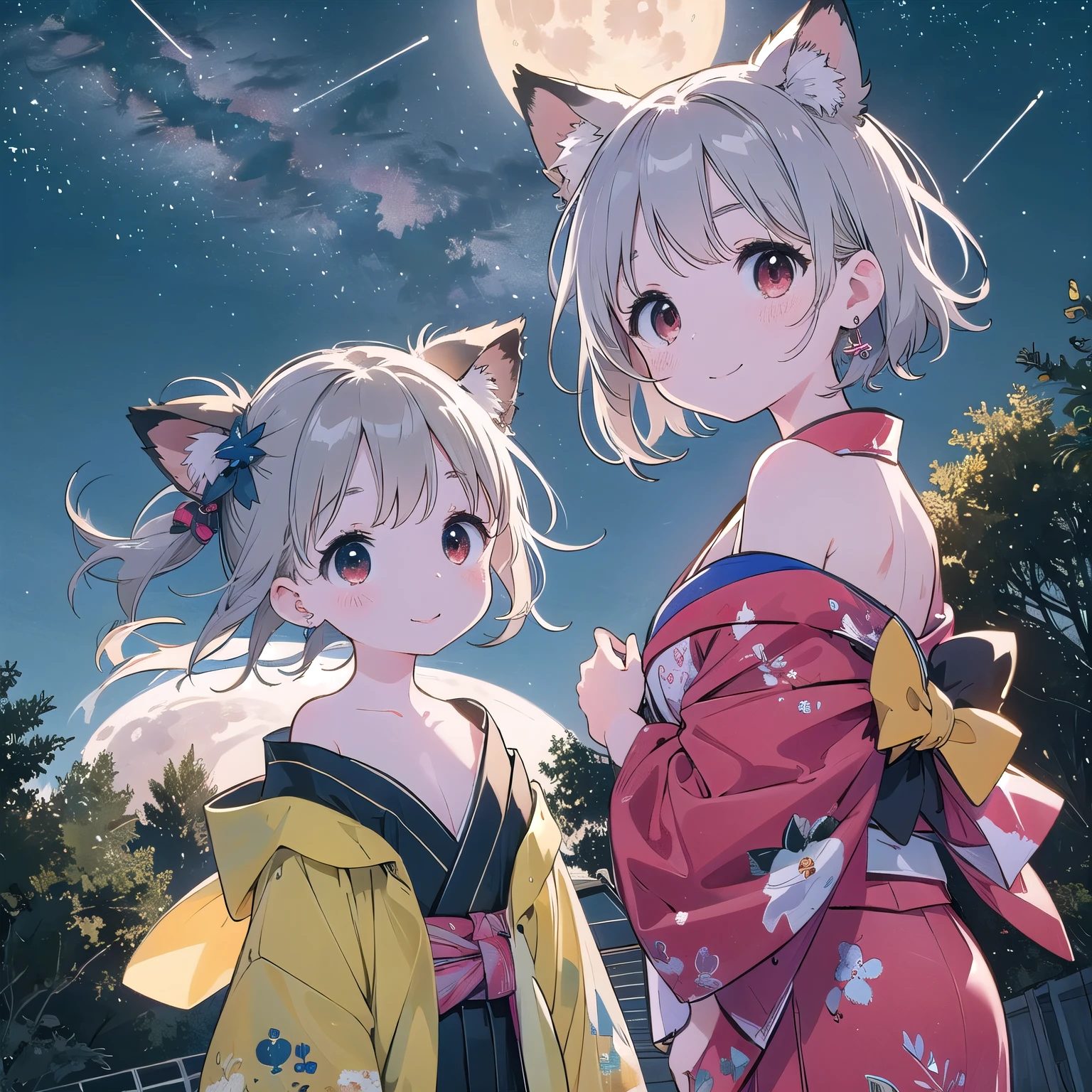 、Cute Girls、Fetish、Happy smile、shooting star、milky way、full moon、Meteors、Tsukimi、Realistic Moon、smoke tube、Beautiful background、３People Girls、A cute open kimono、Off-the-shoulder kimono、Cleavage、Off the shoulder、Animal Ears、Silver Hair、Red eyes、Beautiful eyes、Ear piercing、Short Hair、Hair blowing in the wind、Fox Ears、Animal Ears、Friendly pose