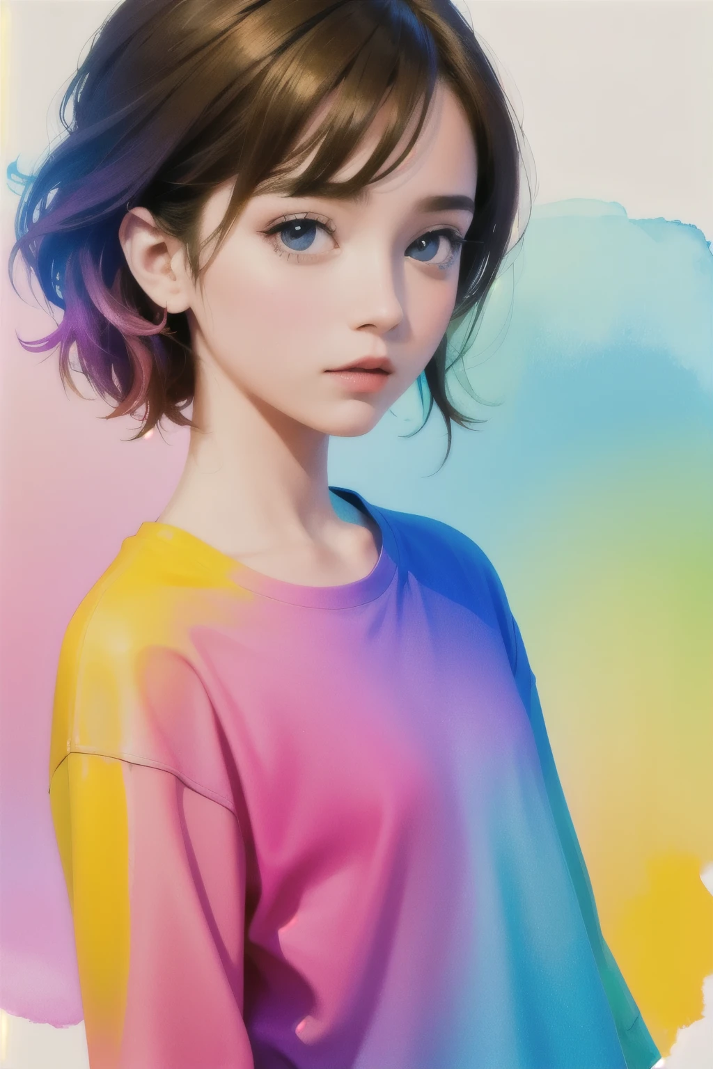 girl with drawing vividly colored with watercolor, 4k 