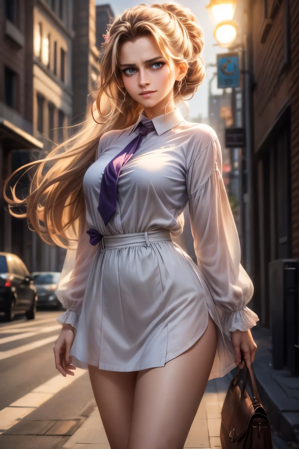 A close up of a woman in a dress and tie walking down a street - SeaArt AI