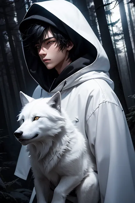 16 year old boy.short black hair.white eyes.with a hood.with a white wolf.in a forest.at night