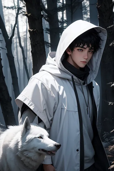 16 year old boy.short black hair.white eyes.with a hood.with a white wolf.in a forest.at night