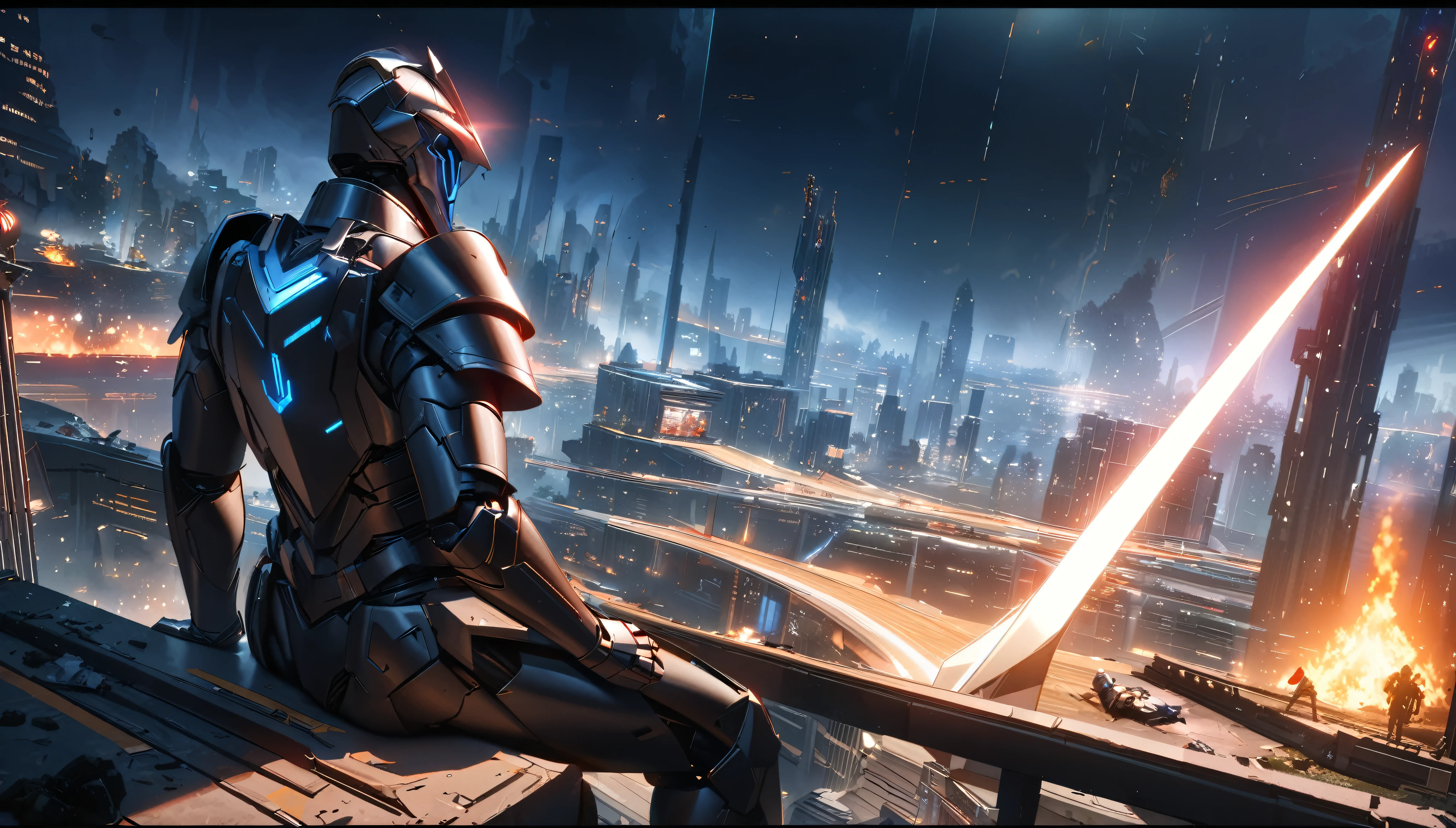 science fiction scenery, anime aestetcs, knight sitting near the bonefire, with a gigantic titanium sword behind his back, sci-fi armor, glowing element on the armor, black and dark blue armor colors, eyes glowing blue, nightt ime, broken city lights, scene after a fight, resting warrior, sad atmosphere, dystopia future city, broken robots lying around, bonefire, from side, pov, best quality, highres, 8k, award winning, high details, super detail, anatomically correct, accurate, UHD, masterpiece