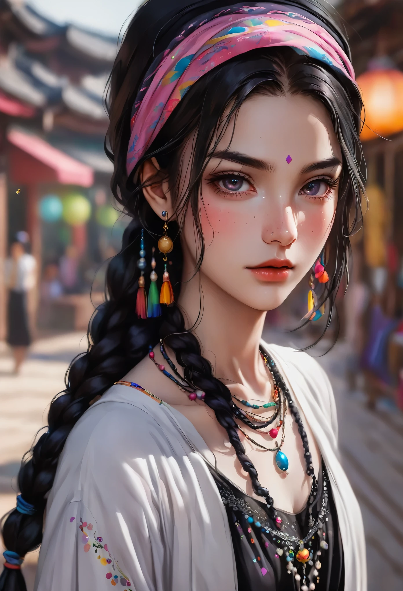 1 Girl，portrait，minority clothing，Thin waist，Long skirt，flowing long black hair，Colorful braids，Hair shine，Wearing a headscarf，minority，Skin details，Beautiful facial features，Exquisite makeup，Exquisite eyes，Eye details，Dark eyeshadow，small freckles，Pearl necklace，Shoulder，arm，blur background，