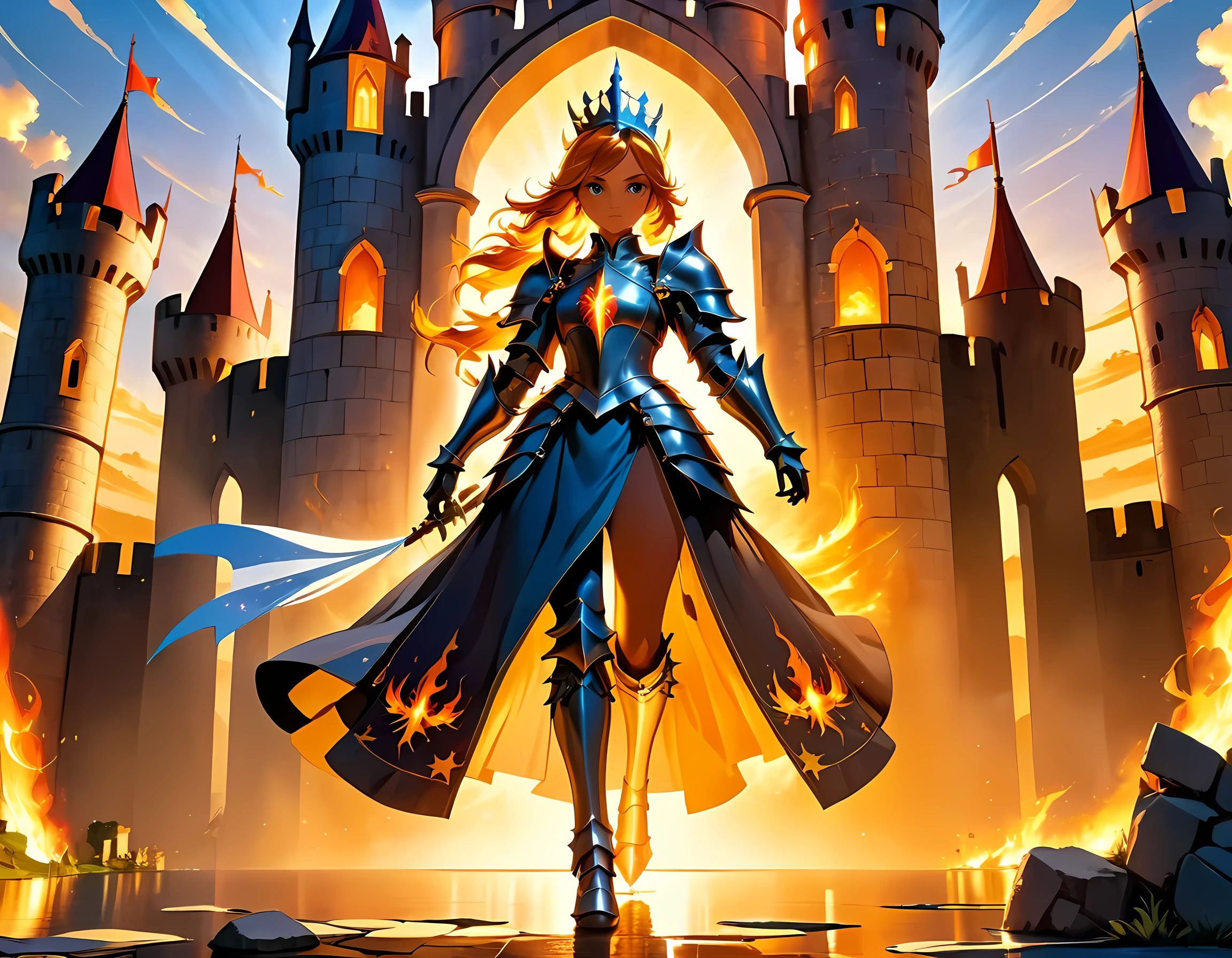 16k, ultra detailed, masterpiece, best quality, (extremely detailed), arafed, dnd art, panoramic view, full body, a lady knight standing on the all of the castle as the sun rises, you see only the silhouette of knight, intense eyes, ultra feminine, ultra detailed face, (Masterpiece, intense details:1.5), (anatomically correct: 1.5), determined face, sky are switching day and night, the sun is rising, suns, some stars, rays of dawn, fantasy castle background, Wide-Angle, Ultra-Wide Angle, 16k, highres, best quality, faize, 2.5D rendering, phoenix dress