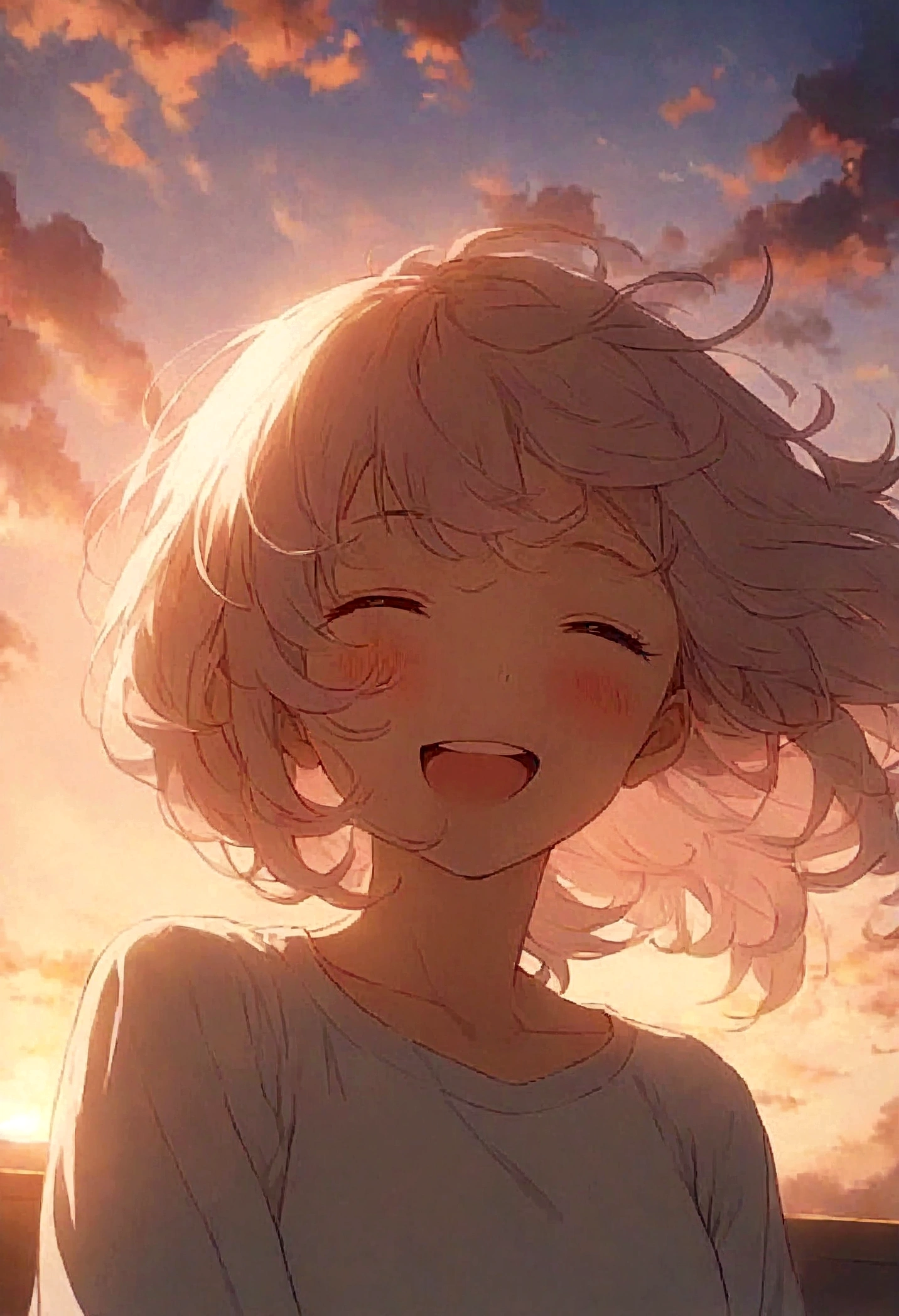 masterpiece, highest quality, Movie stills, One girl, Cloud Girl, Floating in the sky, close, bright, Happy, Warm and soft lighting, sunset, (spark:0.7)