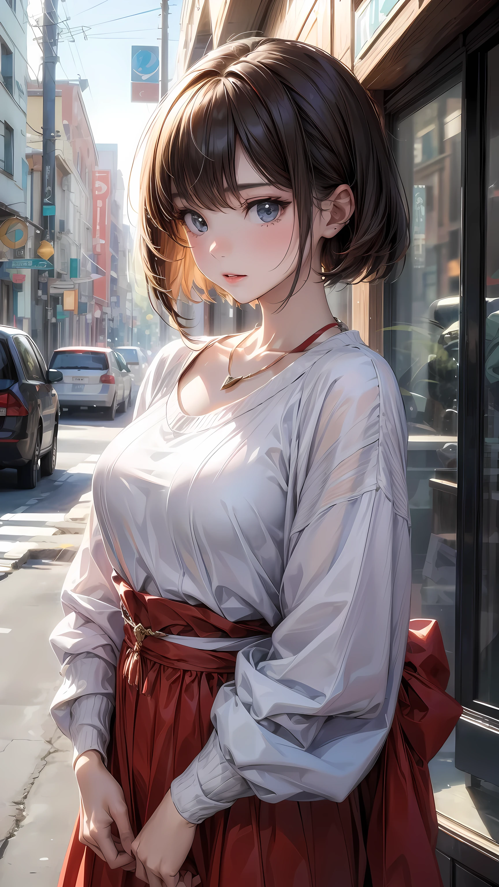 (best quality, 8K, 32k, masterpiece, Ultra HD:1.2),Photos of beautiful Japanese women, Large Breasts, Very short Bob hairstyle,Upper Body,(Oversized_sweater,:1.1) necklace, Simple background, look around