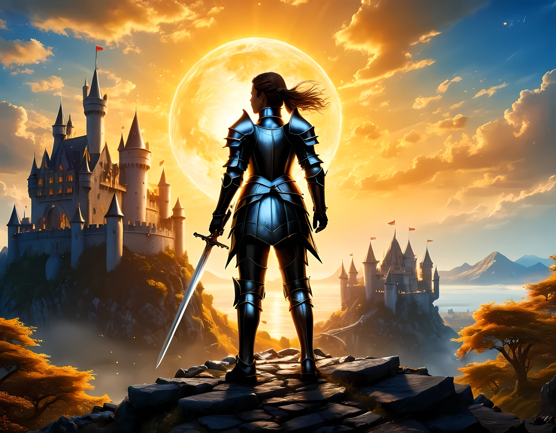 16k, ultra detailed, masterpiece, best quality, (extremely detailed), arafed, dnd art, panoramic view, full body, a lady knight standing on the all of the castle as the sun rises, you see only the ((silhouette of lady knight: 1.5)), sky are switching day and knight, dynamic hair, the sun is rising, suns, some stars, rays of dawn, fantasy castle background,  Wide-Angle, Ultra-Wide Angle, 16k, highres, best quality, faize,