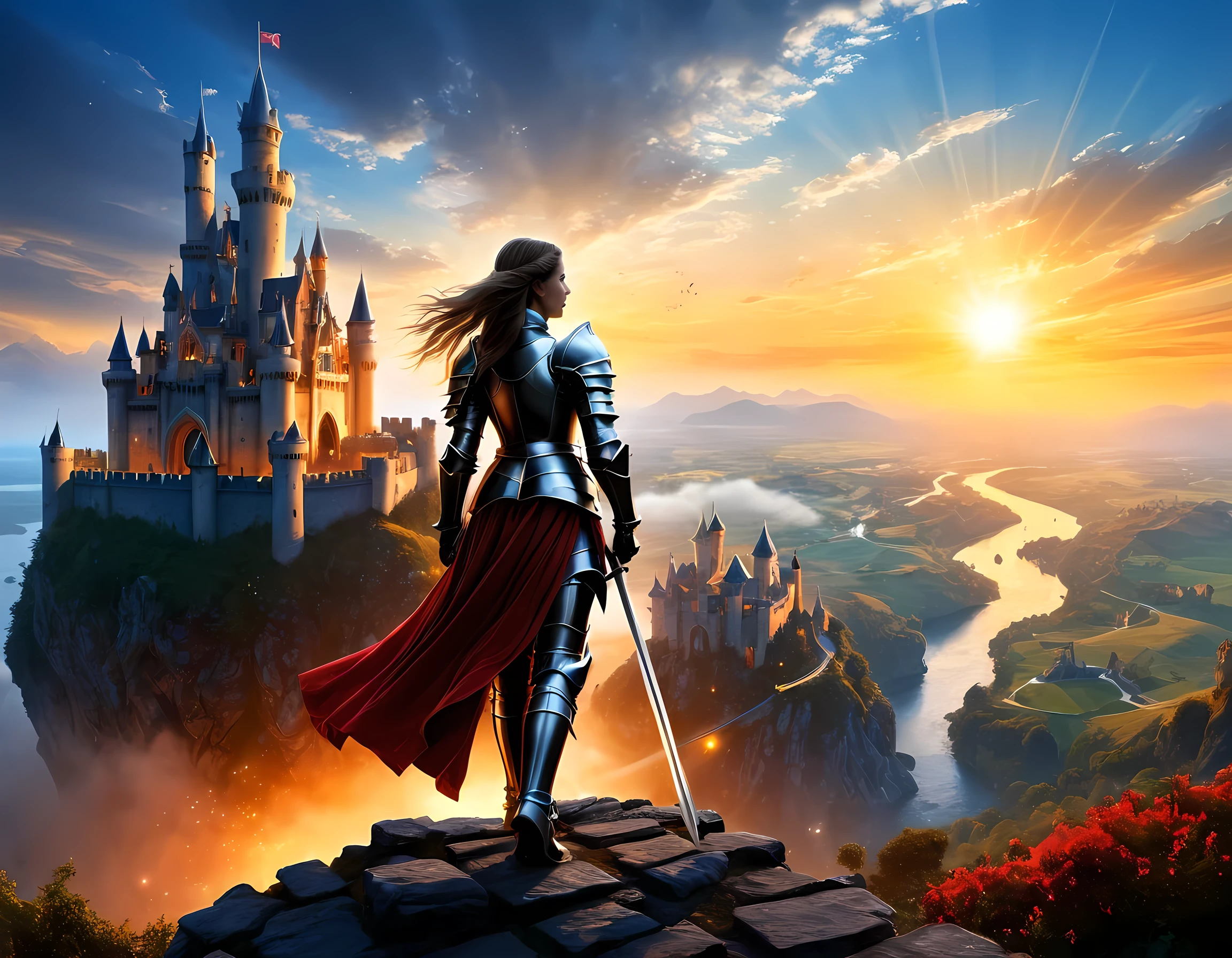 16k, ultra detailed, masterpiece, best quality, (extremely detailed), arafed, dnd art, panoramic view, full body, a lady knight standing on the all of the castle as the sun rises, you see only the ((silhouette of lady knight: 1.5)), sky are switching day and knight, dynamic hair, the sun is rising, suns, some stars, rays of dawn, fantasy castle background,  Wide-Angle, Ultra-Wide Angle, 16k, highres, best quality, faize,