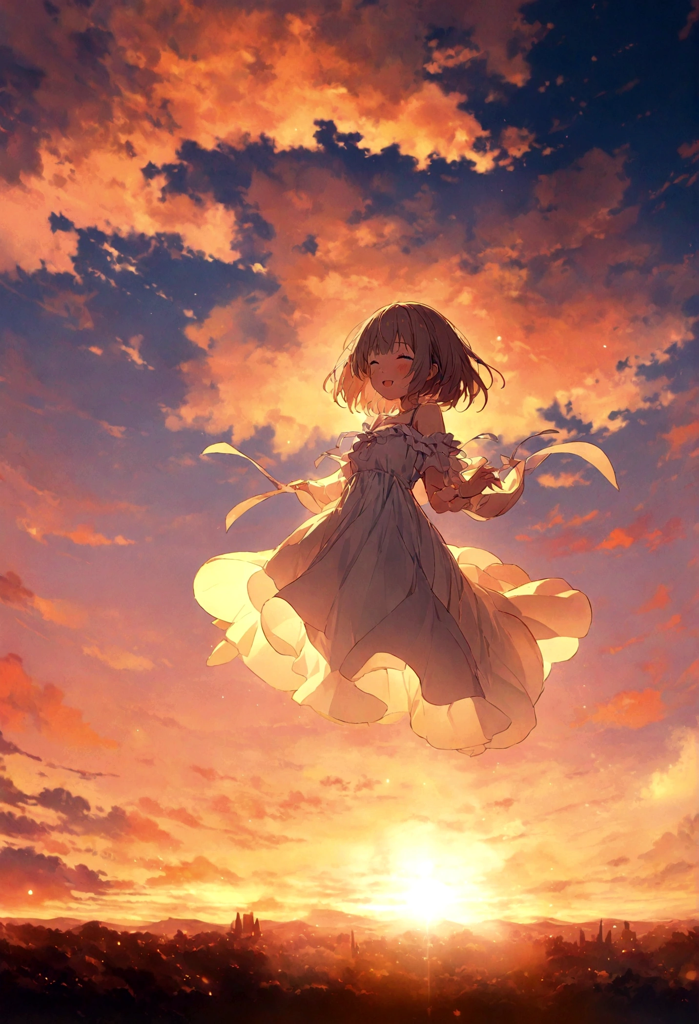 masterpiece, highest quality, Movie stills, One girl, Cloud Girl, Floating in the sky, close, bright, Happy, Warm and soft lighting, sunset, (spark:0.7)