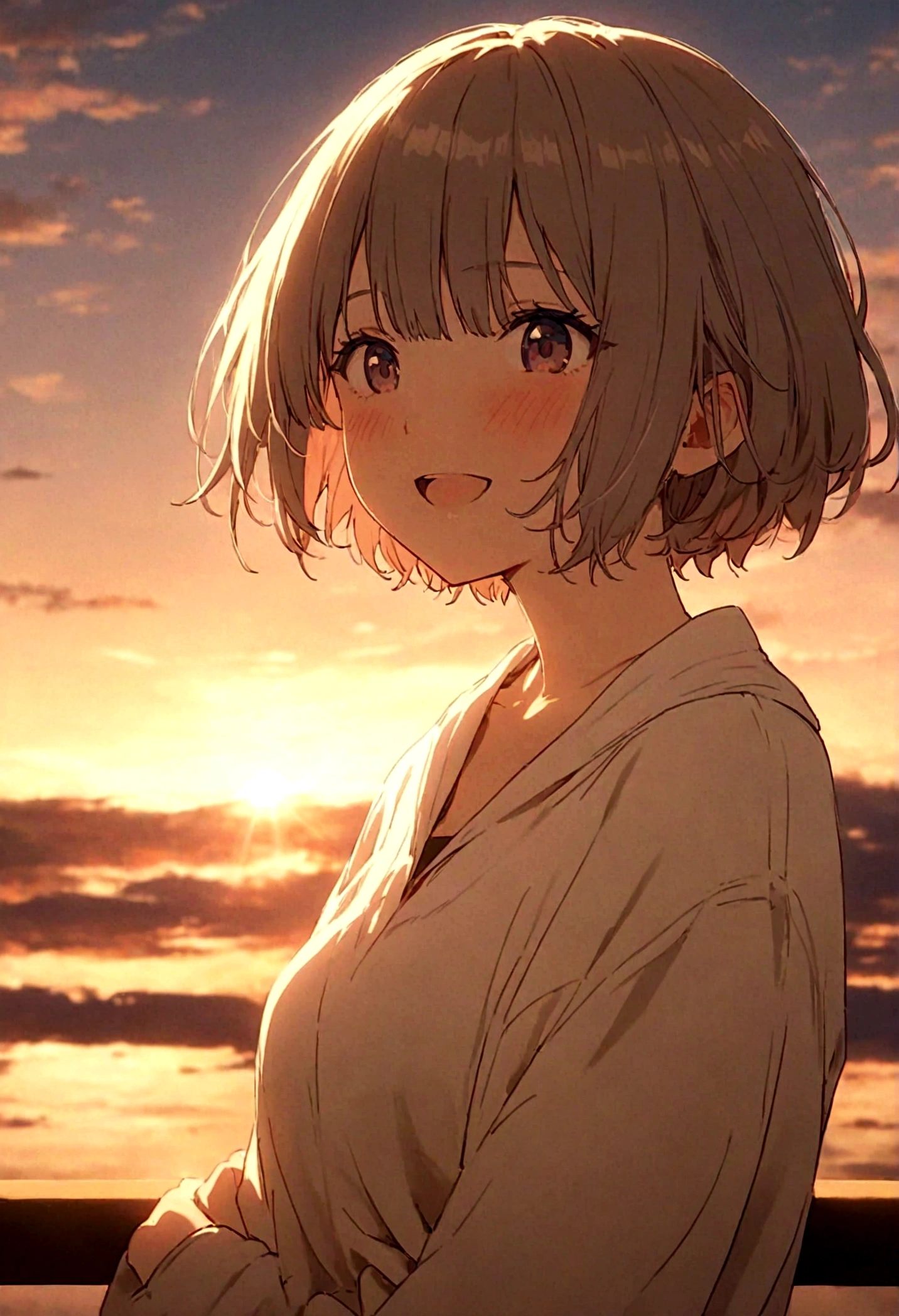 masterpiece, highest quality, Movie stills, One girl, Cloud Girl, Floating in the sky, close, bright, Happy, Warm and soft lighting, sunset, (spark:0.7)