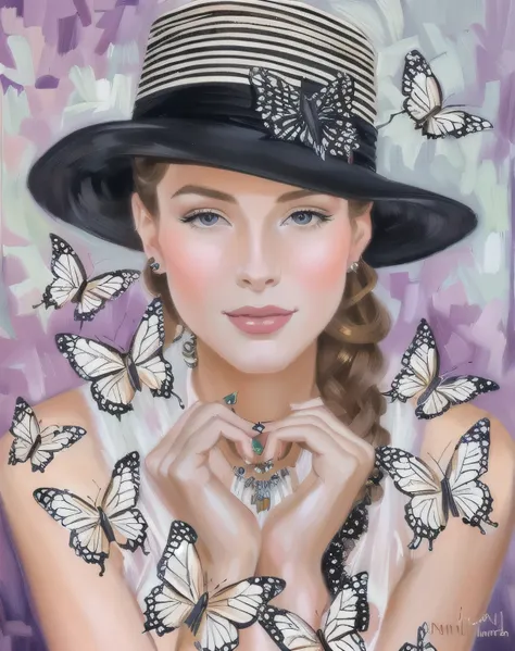 painting of a woman with a hat and butterflies in her hands, gorgeous art, stunning art, inspired by j. c. leyendecker, inspired...