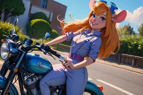 {{gadget_hackwrench}}, smile, looking at aside, {long orange hair}, {in a vintage '50s blue overalls}, riding an old style motor...