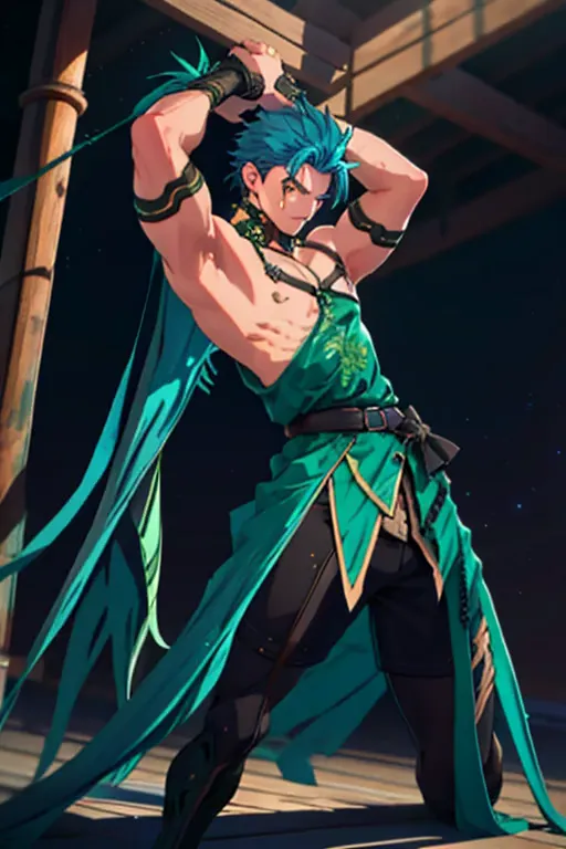 tied up　masterpiece　male　kneel　raised arms　embarrassing　emerald hair　swimwear　blue hair　tights　return　yellow eyes　suffer　unfortu...