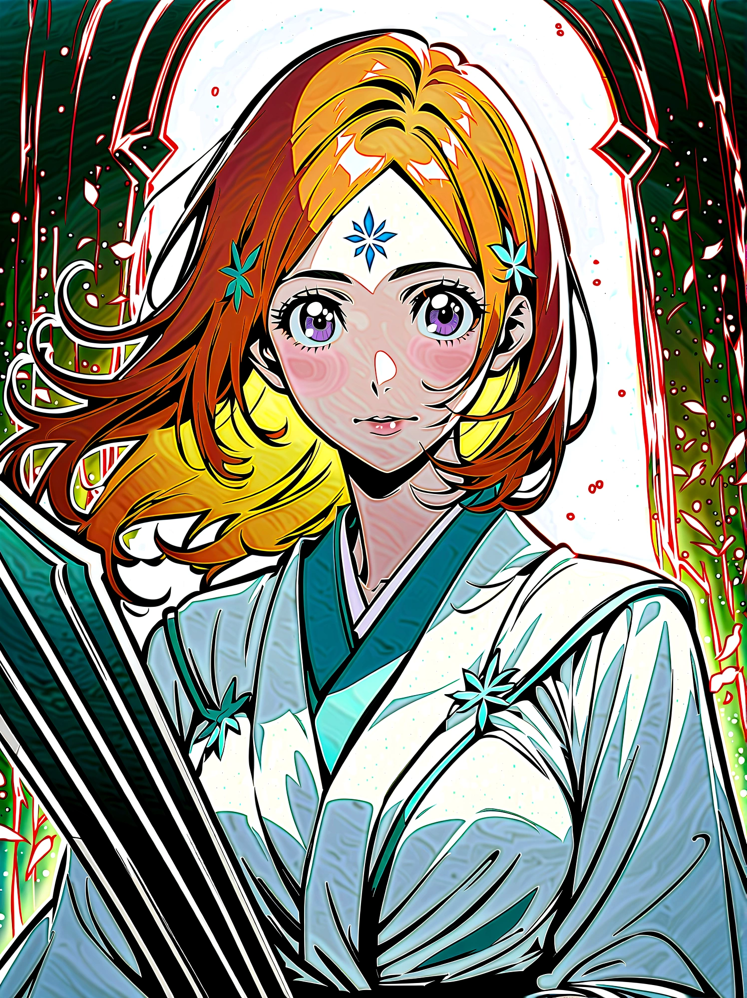 1 chica, Inoue Orihime, lejía, cabello rubio claro, Cola de caballo ondulada, Ojos morados oscuros, piel blanca, cara suave, , bata blanca estilo kimono, Decoración roja, accesorios simples, temperamento elegante, Amable, Optimista, desinteresado, capacidad de curación, Escudo Shun Seis Flores, marca en la frente, seis pétalos, muy estetico, ilustración, composición perfecta, Piel húmeda, detalles intrincados