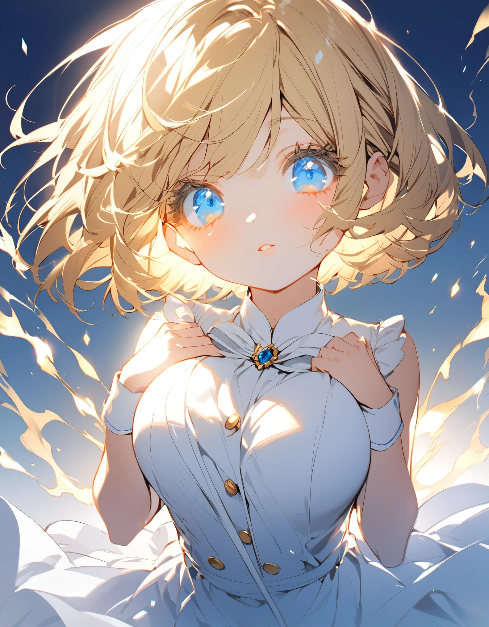 Navy blue original uniform (Little Girl:1.5), (blonde:1.5）(eyelash:1.2) (Short Bob Hair:1.4), (Blue eyes)(Big Breasts:1.3)High contrast Golden glowing flames all over the body（Shining Light:1.5）
