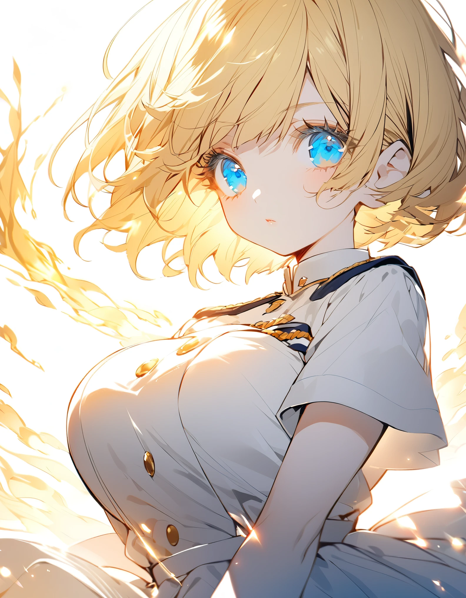 Navy blue original uniform (Little Girl:1.5), (blonde:1.5）(eyelash:1.2) (Short Bob Hair:1.4), (Blue eyes)(Big Breasts:1.3)High contrast Golden glowing flames all over the body（Shining Light:1.5）
