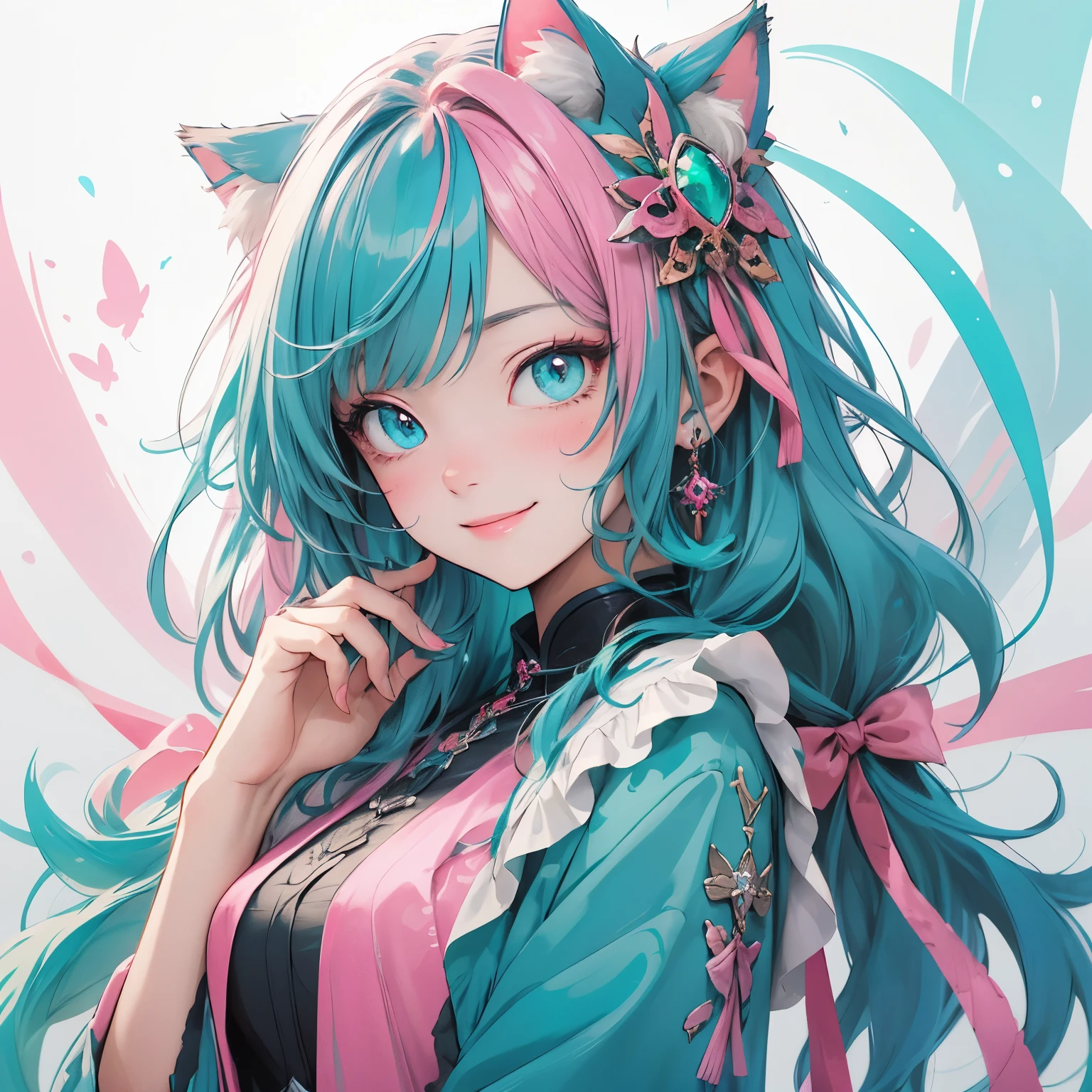 (masterpiece), highest quality, Ultra-high resolution,Cat with a turquoise ribbon、Turquoise and pink hair、Turquoise eyes、Blue-green clothes、alexandrite、smile