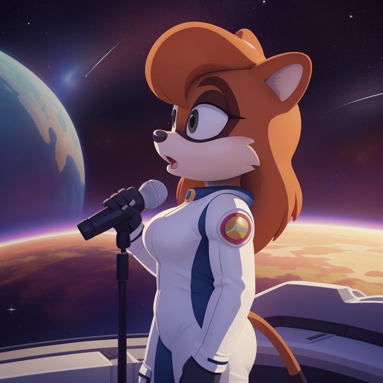 ((masterpiece)), studio quality, highly detailed, extreme detailed, high quality, max detailed, very detailed, detailed background, intricate details, detailed shadows, mobian, medium breast, 1girl, racoon, attractive, gorgeous body, spacesuit, medium hair, long bangs, space, universe, side view, pixarstyle, 3d, singing