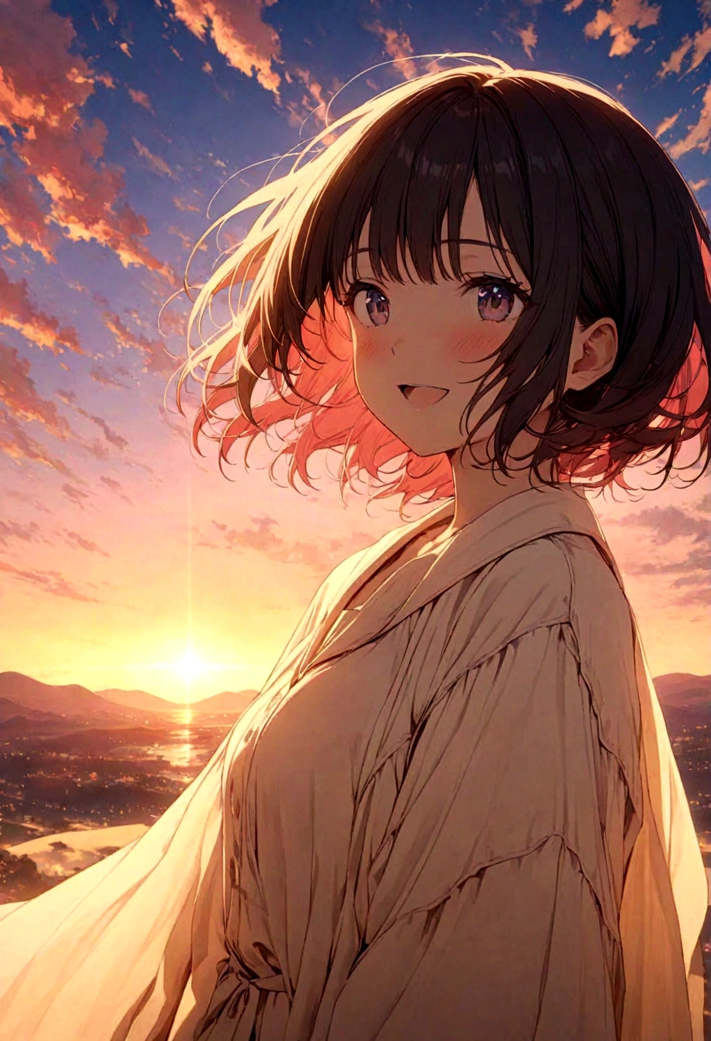 masterpiece, highest quality, Movie stills, One girl, Cloud Girl, Floating in the sky, close, bright, Happy, Warm and soft lighting, sunset, (spark:0.7)