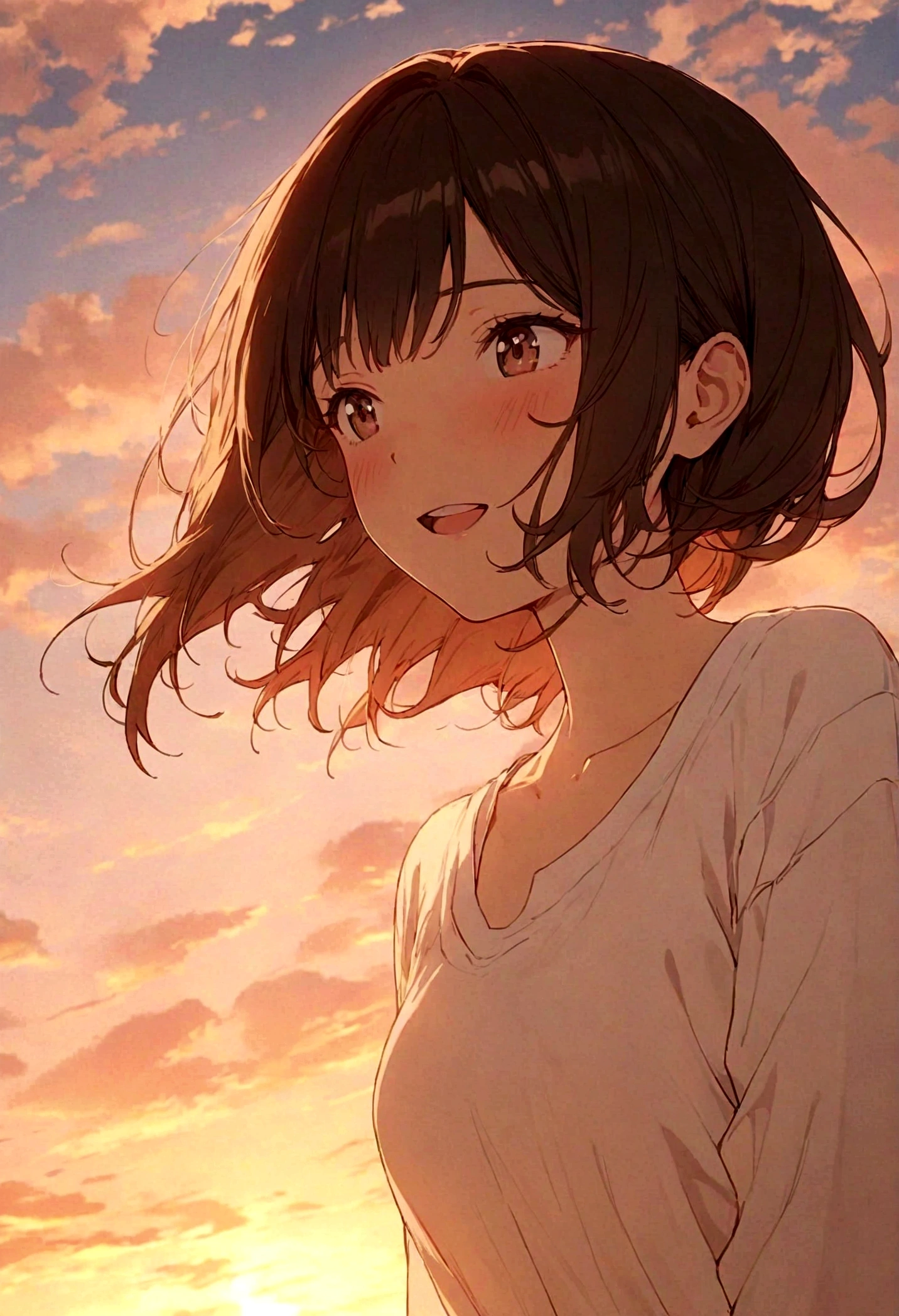 masterpiece, highest quality, Movie stills, One girl, Cloud Girl, Floating in the sky, close, bright, Happy, Warm and soft lighting, sunset, (spark:0.7)