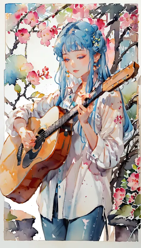 (((paper cutting style))), 1 girl, medium blue hair, straight hair, playing guitar, portfolio, shirts, denim