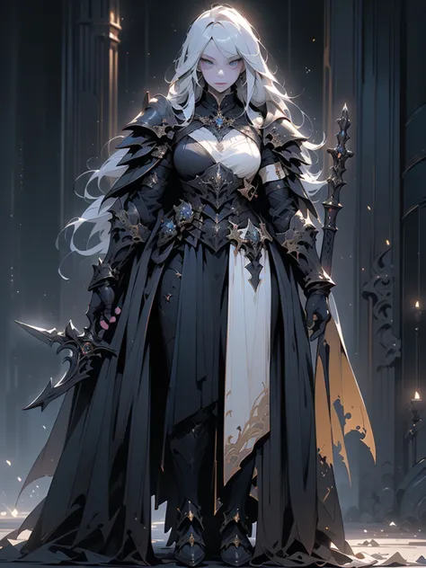 Design a layout showcase Gaming character, (1girl). Black+Gold clothes, opulent and dark, ((showcase weapon:1.4)), cursed blade,...