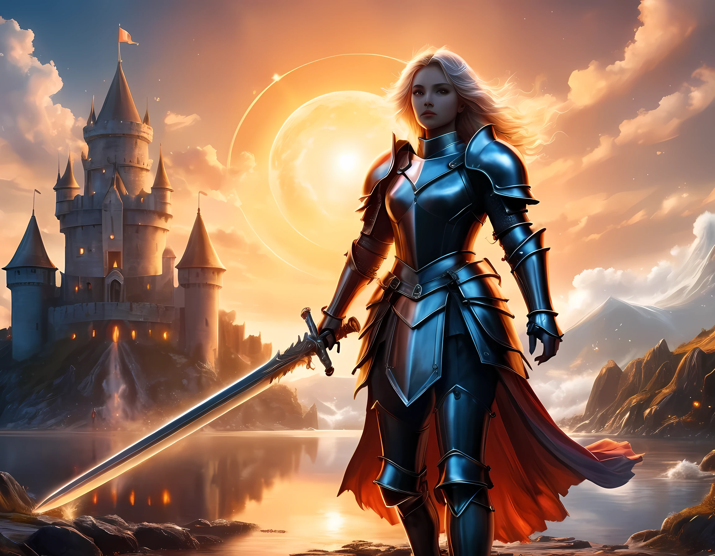 16k, ultra detailed, masterpiece, best quality, (extremely detailed), arafed, dnd art, panoramic view, full body, a lady knight standing on the all of the castle as the sun rises, you see only the ((silhouette of lady knight: 1.5)), sky are switching day and knight, dynamic hair, the sun is rising, suns, some stars, rays of dawn, fantasy castle background,  Wide-Angle, Ultra-Wide Angle, 16k, highres, best quality, faize,