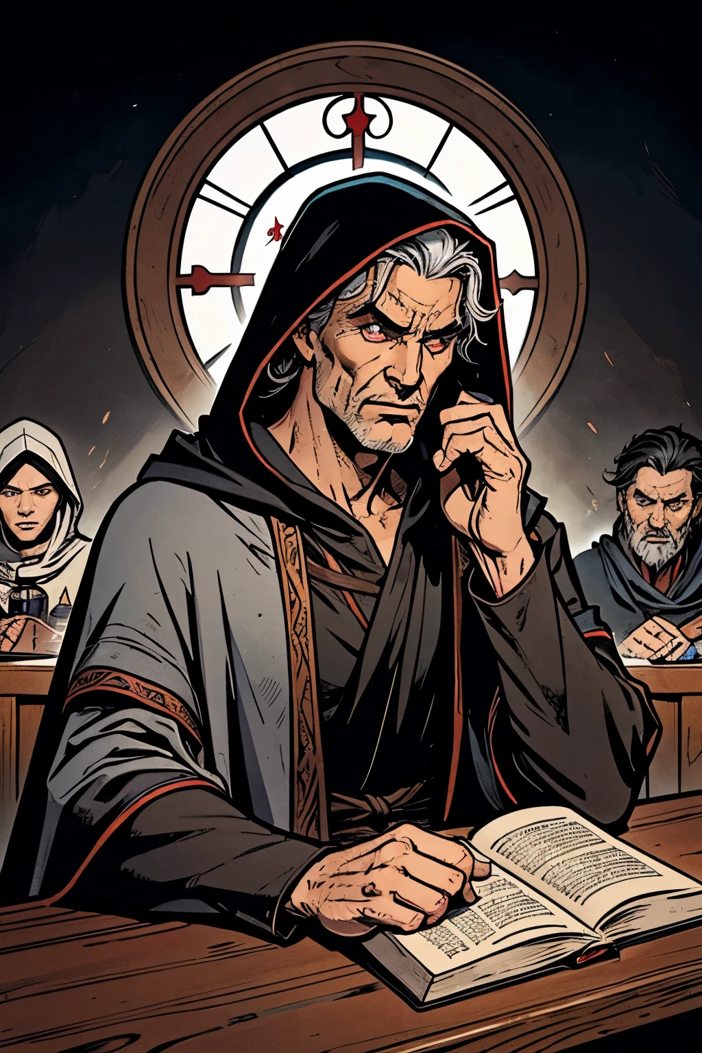 A male human of indeterminate age, Black hair with some gray hair in between, Red and blue heterochromatic pupils, Wearing a robe and cloak，Cover your head with a hood, Magnificent, Sacred and arrogant, Serious and superior, Sitting at the pub table with an adventure story book，There is a circle of adventurers around