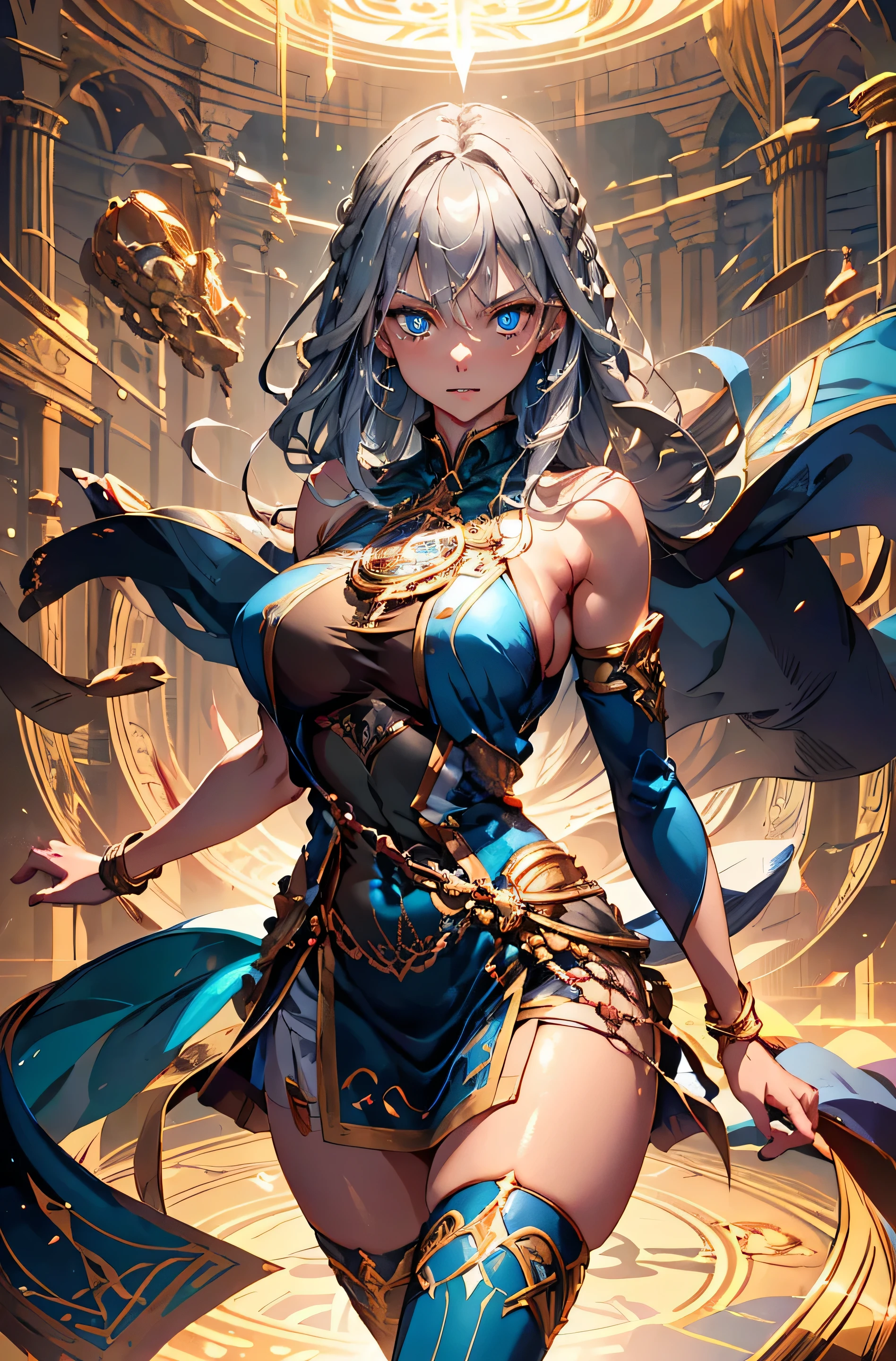 High resolution, highest quality, figure, Super detailed, (Detailed face), (Fine grain), Cinema Lighting, highest quality, Super detailed, masterpiece, One girl, alone, Long Hair, silver hair with blue stripes, blue eyes, (Long blue female knight dress), breastplate, No sleeve, Bare shoulders, white hand socks, Decorative Gold Bracelets, White Skirt, Black knee-high socks, Remains, Serious expression, Glowing Eyes, Big Breasts, light, (colorful), From head to thighs, magic circle, exquisite fantasy costume design, Dynamic Angle, Dynamic pose