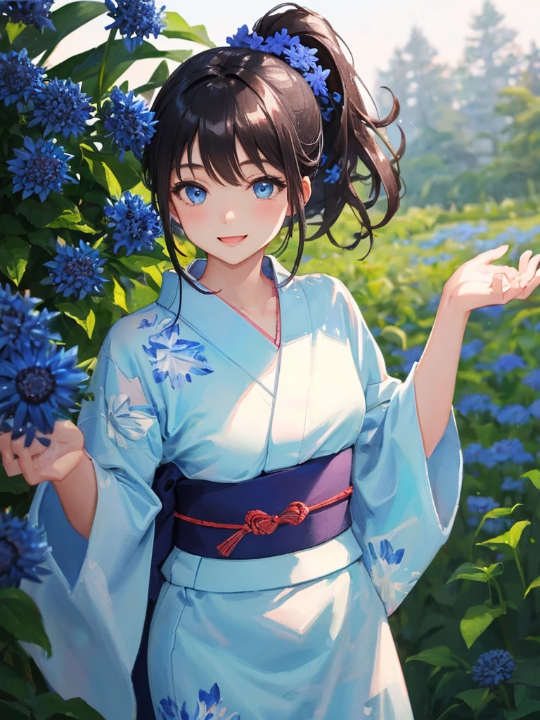 art by Cornflower,(​master piece),(top-quality:1.2),Super detailed,Watercolor style,(perfect anatomy),1 girl, (blue yukata),beautiful detailed blue eyes,(ponytail),small breasts,(sideways glance),open mouth,smile,(in garden a lot of blue cornflowers),Combination of digital illustration and photography,soft pastel tones,Depth of written boundary, Bokeh,film lighting