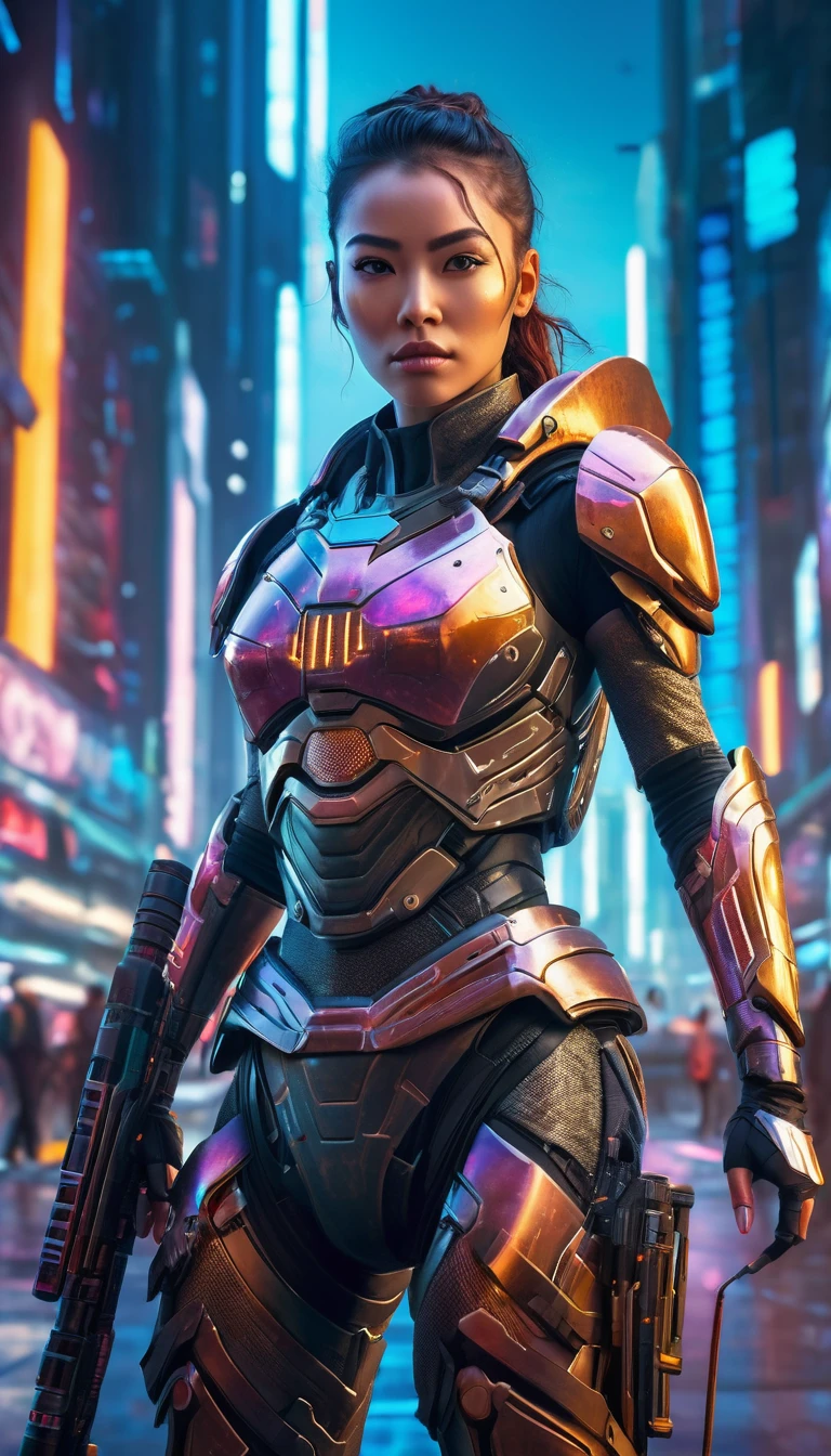 a futuristic female warrior in high-tech mechanical armor, huge mech armor with open face and visior, full body shot, holding a high-tech weapon, in an immersive sci-fi city background, detailed face, intricate armor details, dramatic lighting, cinematic composition, vibrant colors, digital art, concept art style, photorealistic, 8k, best quality, action shot