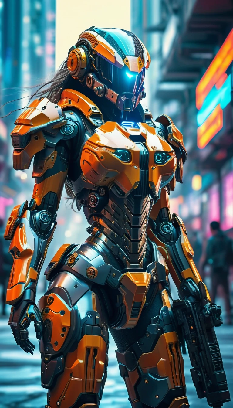 a futuristic female warrior in high-tech mechanical armor, huge mech armor with open face and visior, full body shot, holding a high-tech weapon, in an immersive sci-fi city background, detailed face, intricate armor details, dramatic lighting, cinematic composition, vibrant colors, digital art, concept art style, photorealistic, 8k, best quality, action shot