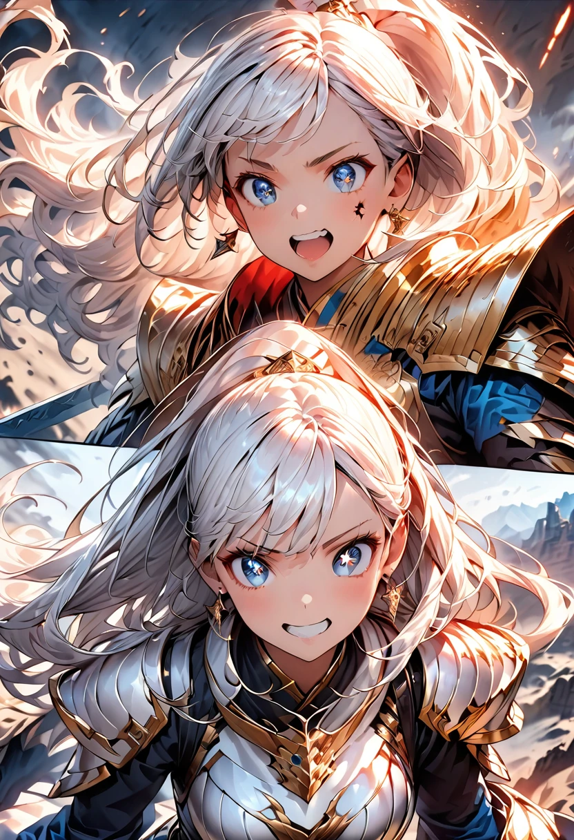 (highest quality:1.2, Very detailed, up to date, Vibrant, Ultra-high resolution, High Contrast, masterpiece:1.2, highest quality, Best aesthetics), (((1 girl))), Woman wielding a large sword, Luxurious Armor, Flowing hair, intense expression, Intense battle scenes, Dramatic lighting, Bright colors, Powerful strokes, Silver Hair, High Ponytail, Wavy Hair, blue eyes, jewelry, Earrings, (((Expression of fine eyes:1.2, Beautiful Skin, Detailed facial expressions))), Flowing hair, (Crazy Smile, Sparkling eyes), Heroic figures, Detailed armor and weapons, Dynamic pose, War-torn landscape background