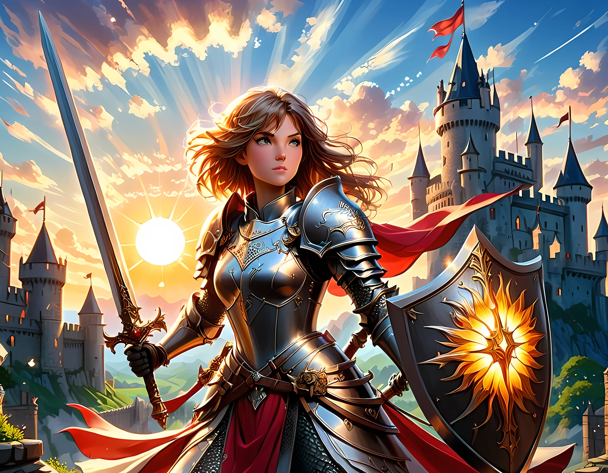 16k, ultra detailed, masterpiece, best quality, (extremely detailed), arafed, dnd art, panoramic view, full body, a lady knight standing on the all of the castle as the sun rises, she is holding sword and shield, you see only the silhouette of knight, intense eyes, ultra feminine, ultra detailed face, (Masterpiece, intense details:1.5), (anatomically correct: 1.5), determined face, sky are switching day and night, the sun is rising, suns, some stars, rays of dawn, fantasy castle background, Wide-Angle, Ultra-Wide Angle, 16k, highres, best quality, faize, Sword and shield