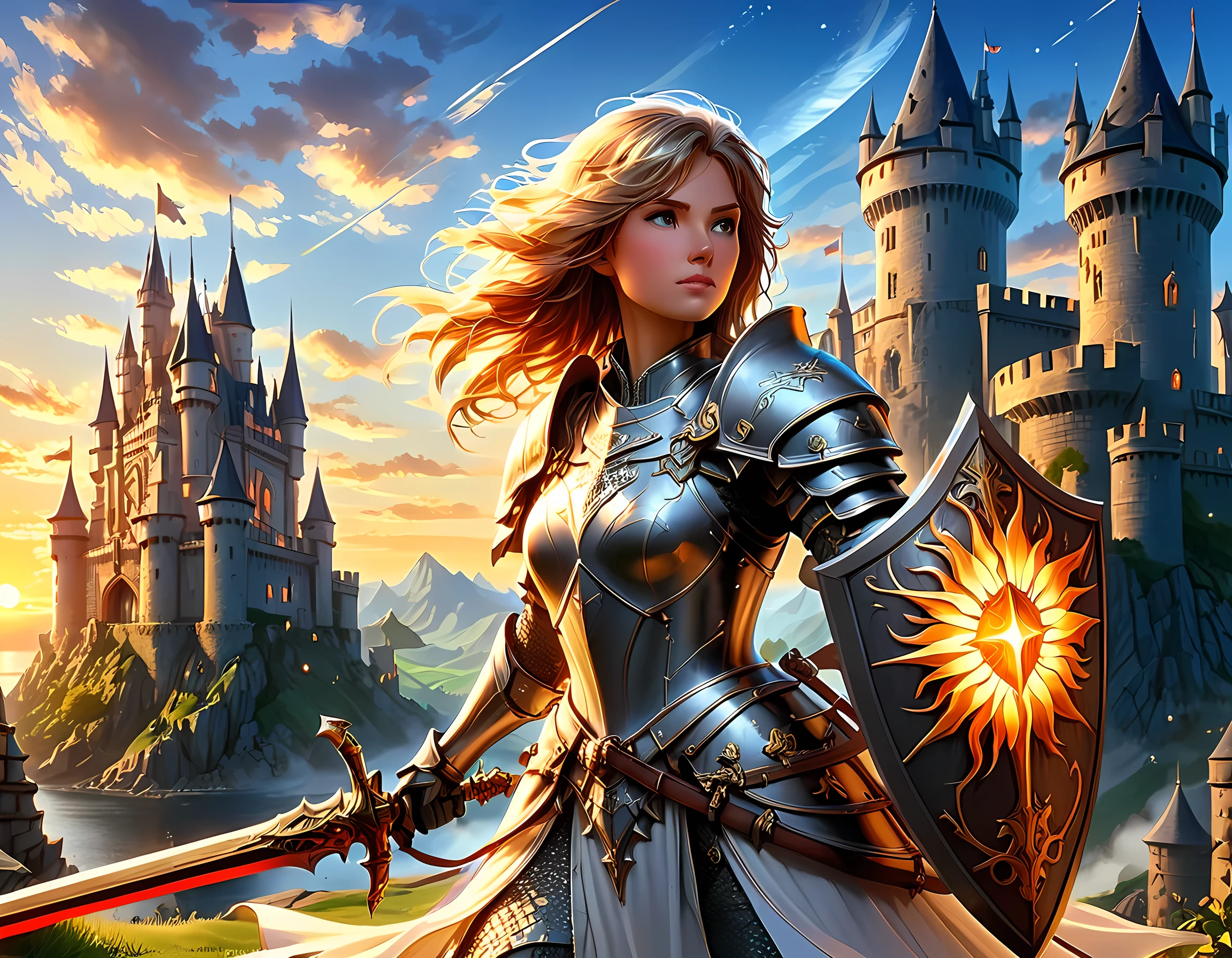 16k, ultra detailed, masterpiece, best quality, (extremely detailed), arafed, dnd art, panoramic view, full body, a lady knight standing on the all of the castle as the sun rises, she is holding sword and shield, you see only the silhouette of knight, intense eyes, ultra feminine, ultra detailed face, (Masterpiece, intense details:1.5), (anatomically correct: 1.5), determined face, sky are switching day and night, the sun is rising, suns, some stars, rays of dawn, fantasy castle background, Wide-Angle, Ultra-Wide Angle, 16k, highres, best quality, faize, Sword and shield