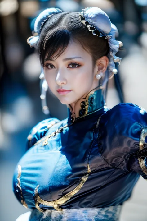 Chun-Li from Street Fight II,The perfect Chun-Li costume,Blue Chinese dress with gold lines,Bunhead,Good cover,Fighting Pose,mas...