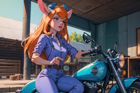 {{gadget_hackwrench}}, looking aside, {long orange hair}, {in a vintage '50s blue overalls}, riding an red old style motorcycle,...