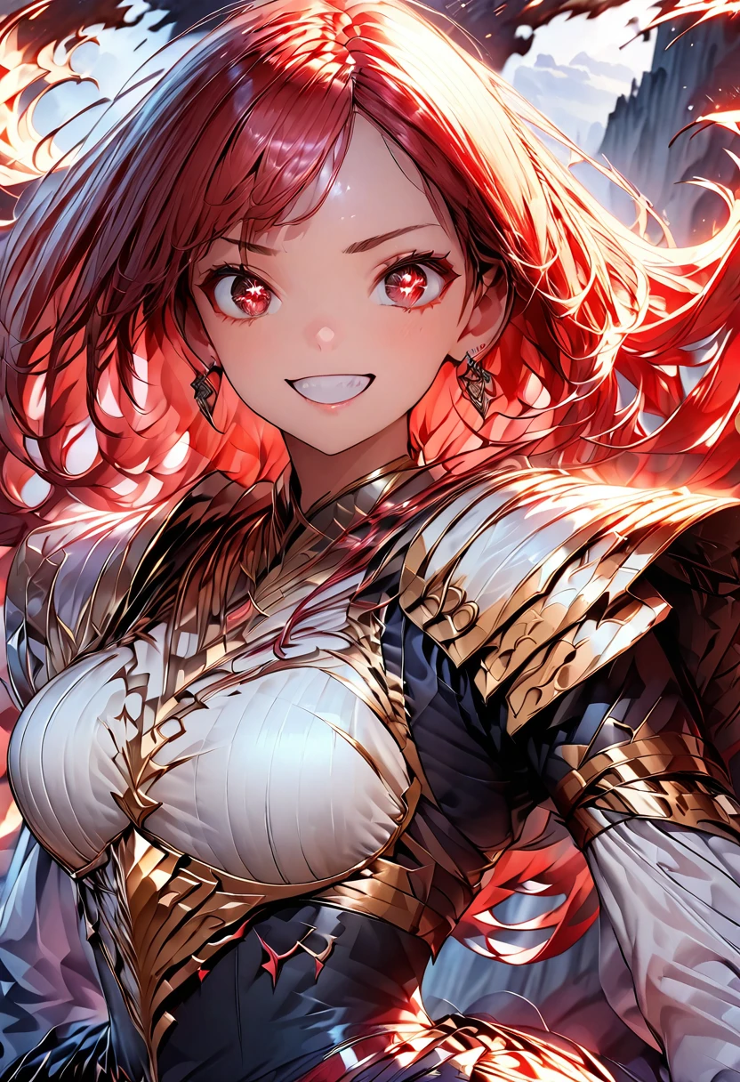 (highest quality:1.2, Very detailed, up to date, Vibrant, Ultra-high resolution, High Contrast, masterpiece:1.2, highest quality, Best aesthetics), (((1 girl))), Woman wielding a large sword, Luxurious Armor, Flowing hair, intense expression, Intense battle scenes, Dramatic lighting, Bright colors, Powerful strokes, Redhead, Long Hair, Wavy Hair, Red eyes, jewelry, Earrings, (((Expression of fine eyes:1.2, Beautiful Skin, Detailed facial expressions))), Flowing hair, (Crazy Smile, Sparkling eyes), Heroic figures, Detailed armor and weapons, Dynamic pose, War-torn landscape background