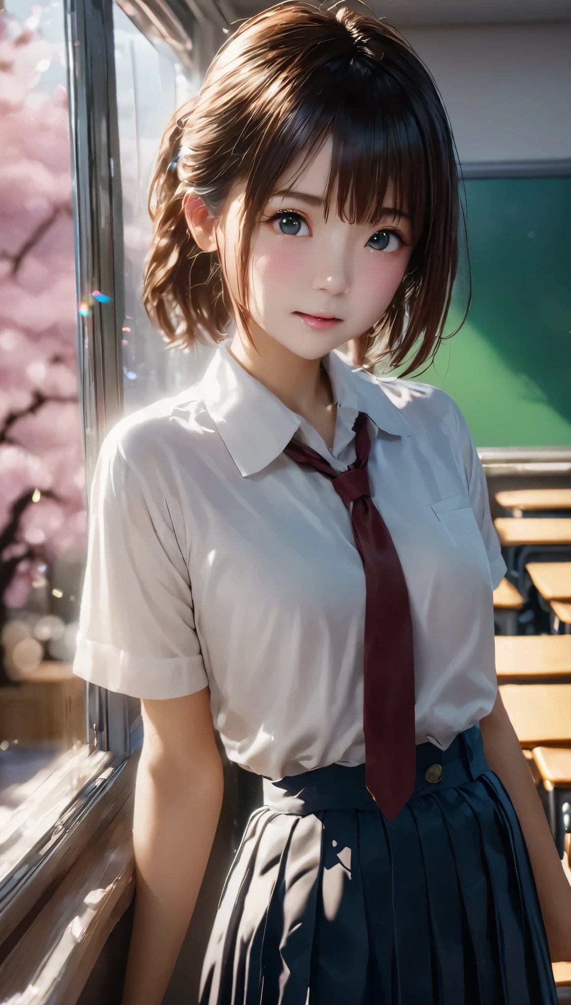 (Tabletop, highest quality:1.2), 8k, 18-year-old, 85mm, Official Art, RAW Photos, Absurd, White dress shirt, Cute Face, close, Upper Body, Viola Lace, Gardenia, beautiful girl, (Dark red tie:1.1)、(Navy Pleated Skirt:1.1), Cinch waist, Thighs, Short sleeve, classroom, ponytail、short hair、short hair、high school girl、 Looking at the audience, No makeup, (smile:0.4), Film Grain, chromatic aberration, Sharp focus, Face Light, Bright lighting, Teen, Cinematic Lighting Effects、Charm、Cute and quirky、Fantasy art、Bokeh、Soft lighting、4K resolution、 Photorealistic Rendering、Very detailed、A realistic masterpiece、Professional photography、 ((背景のBokeh,日本の学校のclassroom、classroom、Cherry tree seen from the window))、