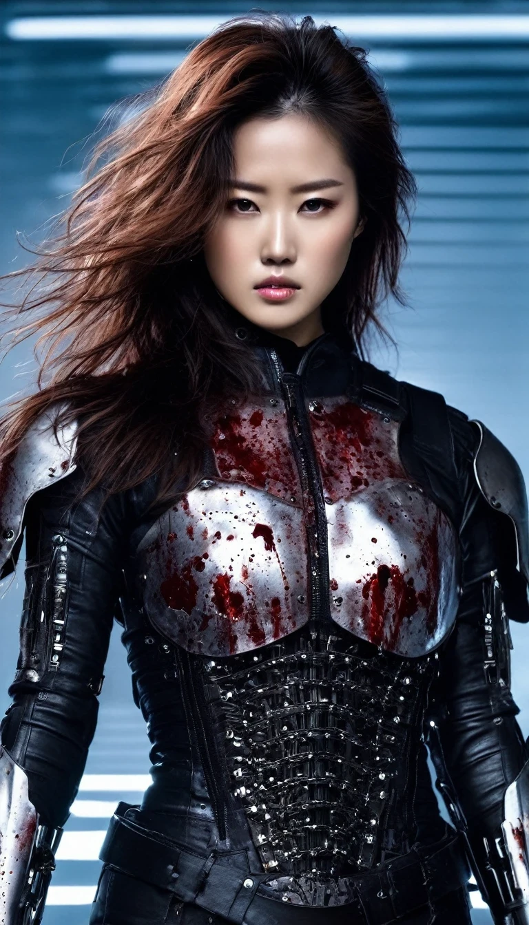 Female warrior in half-machine, covered in stab wounds, bleeding.
Physically lithe and beautiful terminator, runway female model, photographic detail, Angela Kei, model core, soft focus realism, fluffy beautiful hair, clear plastic armor, perfect natural skin tone, exaggerated, precisionist